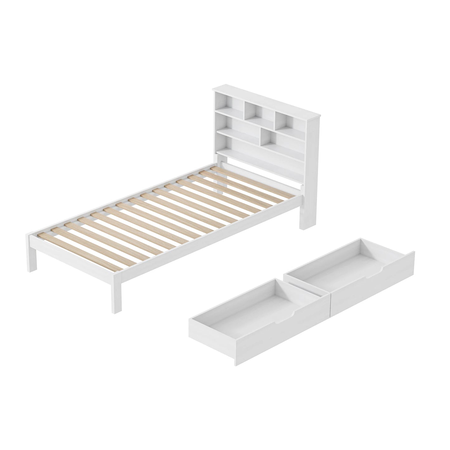 Rosahqnda Massivholz-Bettgestell 90 x 200 cm, Kinderbett mit Schubladen und Kopfteil für Bücher, Einzelzimmer, Weiß