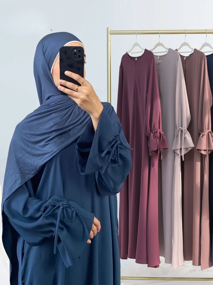 Eid Muslim Dress for Women Abaya Bow Jalabiya Ramadan Lace Up Vestidos Largos Islam Arab Long Robe Morocco Dubai Kaftan 2025.