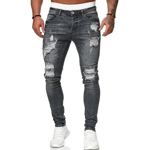 Zerrissene mittlere Taille Slim Fit Herren Jeans Vintage Denim Punk Wash Solid Punk Style Skinny Bleistifthose Distressed Holes Knöchellänge.