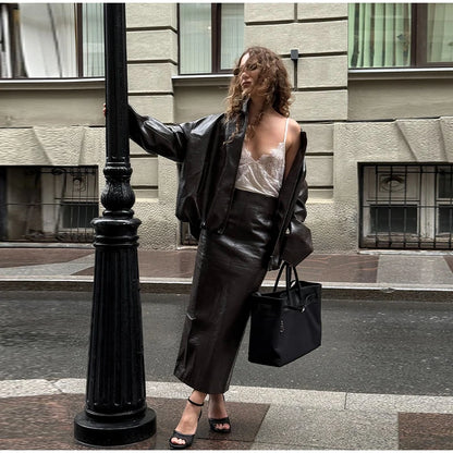 Chic Stand Collar Leather Long Skirt Sets Women Long Sleeve Jackets Spliced Solid Skirts 2025 Autumn Lady Y2k Outfits dress