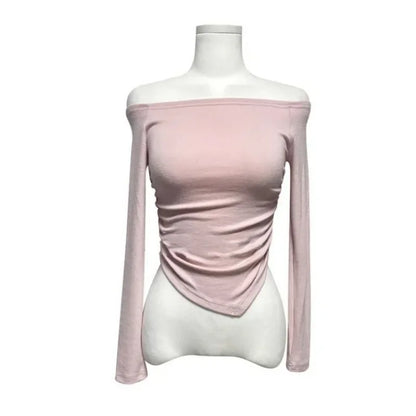 Korean Dongdaemun Fashionable Women's Clothing Off-the-shoulder Sexy Slimming Long Sleeve T-shirt Cropped Top Smooth Silhouette