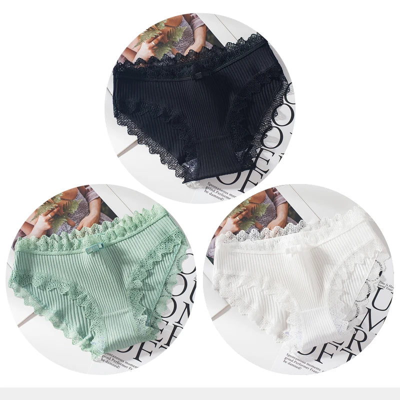 Cotton Panties Woman Sexy Lace Briefs Fashion Solid Color knickers Girls Bow Underpants Set Underwear 3 Pcs/lot.