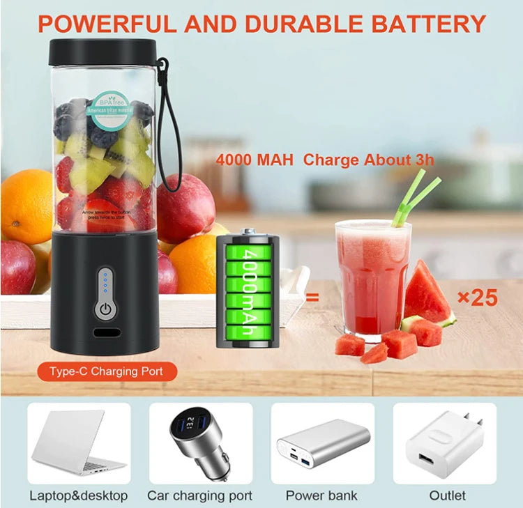 530ML Powerful Portable Blender for Smoothies Shakes USB Rechargeable Food Processor Fruit Mixer Machine Mini Juicer Blender Cup.