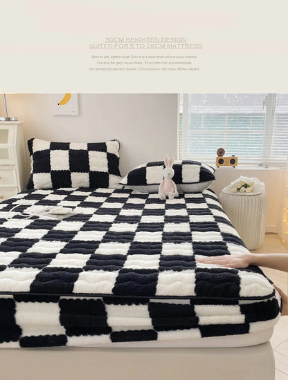 WOSTAR Winter warm coral fleece mattress protector cover fluffy plush plaid print elastic fitted sheet bed protection pad 90x200.