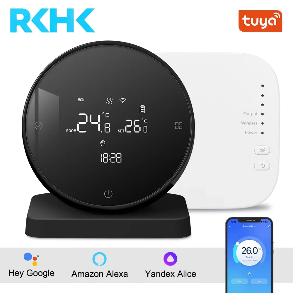 RKHK Tuya WiFi Smart Thermostat，RF Wireless Receiver Temperature Controller，For Water Gas Boiler Support Alexa and Google Home.