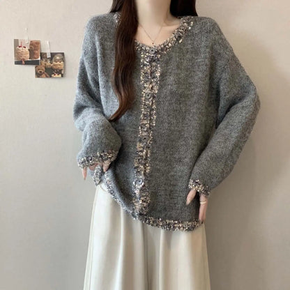 Pailletten-Strickjacke für Damen, Herbst und Winter, lockeres Schlankheitsoberteil