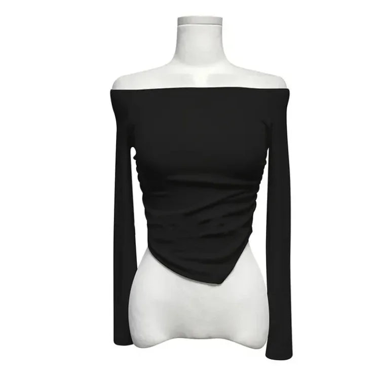 Korean Dongdaemun Fashionable Women's Clothing Off-the-shoulder Sexy Slimming Long Sleeve T-shirt Cropped Top Smooth Silhouette
