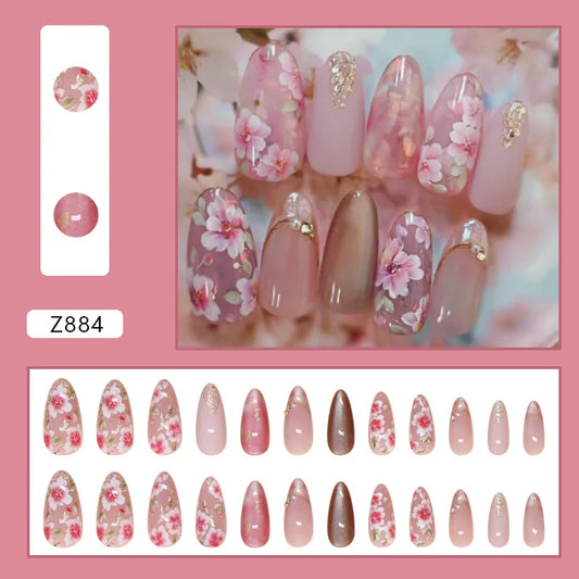 24Pcs Peach Blossom Press on Nails Cat's Eye Nude Glitter False Nail for Women&Girl Spring and Summer Detachable Wearable Nail.
