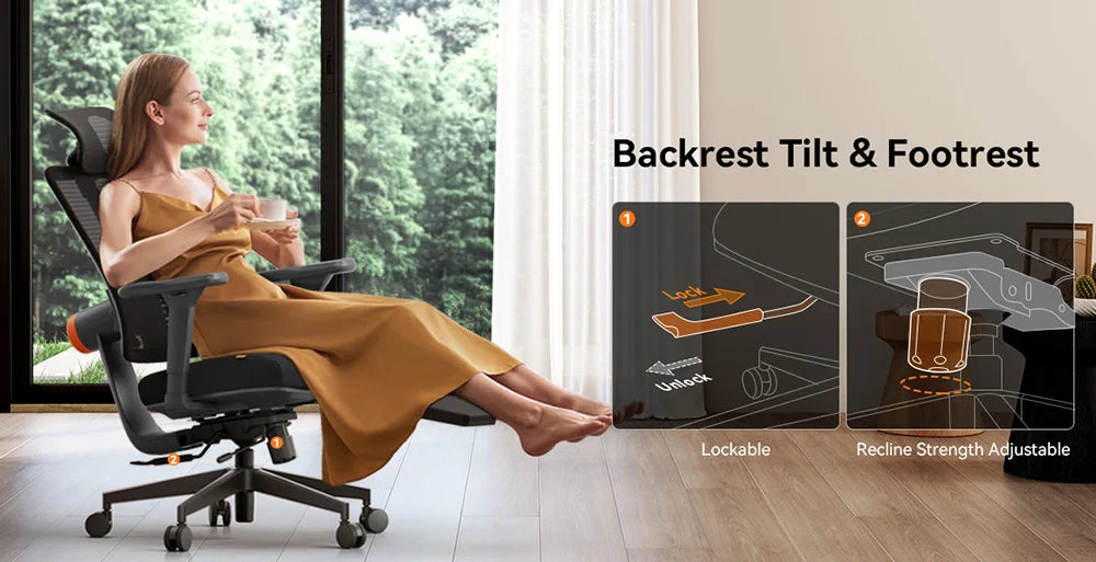 NEWTRAL MagicH-BP Ergonomischer Stuhl mit Fußstütze, automatisch ausgestellte Rückenlehne, adaptive Unterrückenstütze, verstellbare Armlehne, Kopfstütze