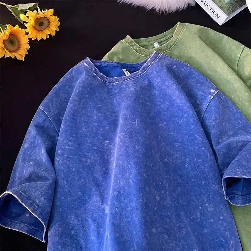 American Style Retro Heavyweight Solid Color Short Sleeved T-shirt Men Women Summer Street Trendy Washed Old Oversized Clothes.