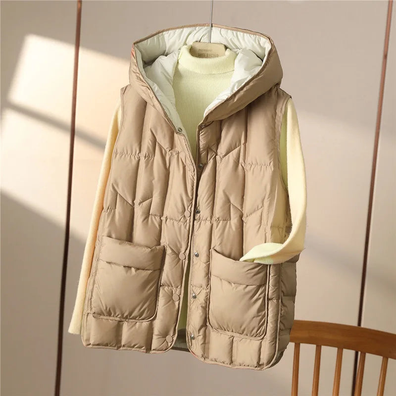Weiblich 90% weiße Ente Daunen ultraleichte ärmellose Daunen weste 2023 neue Herbst/Winter Mode Kapuze Basics Frauen warme Weste Mantel