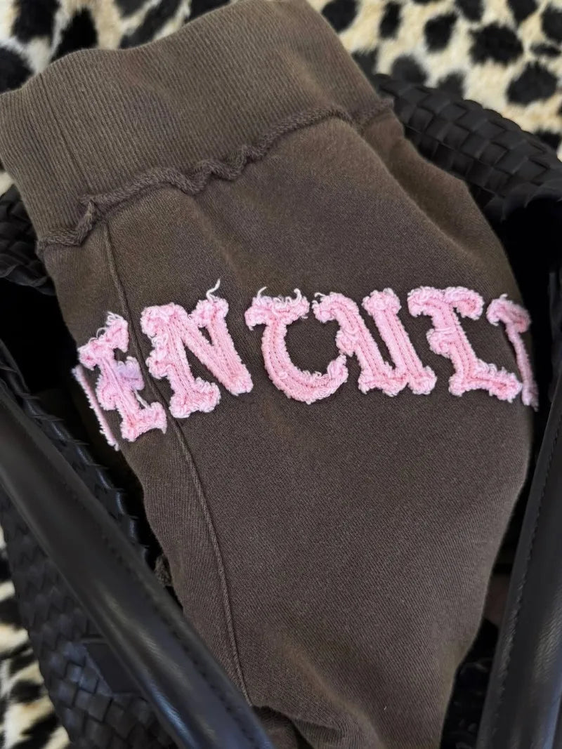 2025 Hip-hop Street Fashion Sports Suit New Letter Embroidery Brown Zipper Hoodie Casual American Loose Straight Pants Women.