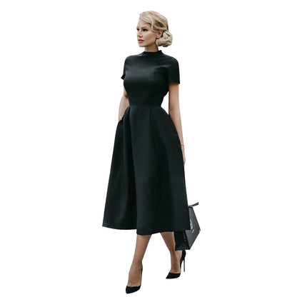 2022 frauen Elegante Schwarz Kleid der Halben Hohe Kragen Hohe Taille A-linie Kleider Slim Fit Midi Kleid Büro Dame Weibliche Feste vestidos.