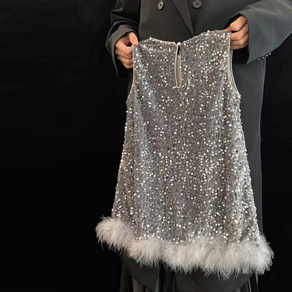 Pailletten Mädchen Prinzessin Kleid Grau Rundhals Ärmellose Feder Weste Kleid Kinder Geburtstag Party Kleid Performance Kleid