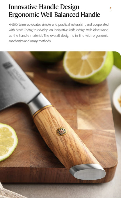 XINZUO 1-8pcs Kitchen Knife Set 73 Layers Custom Damascus Steel 15°±1 Per Side Steel Blade with Olive Wood Handle.