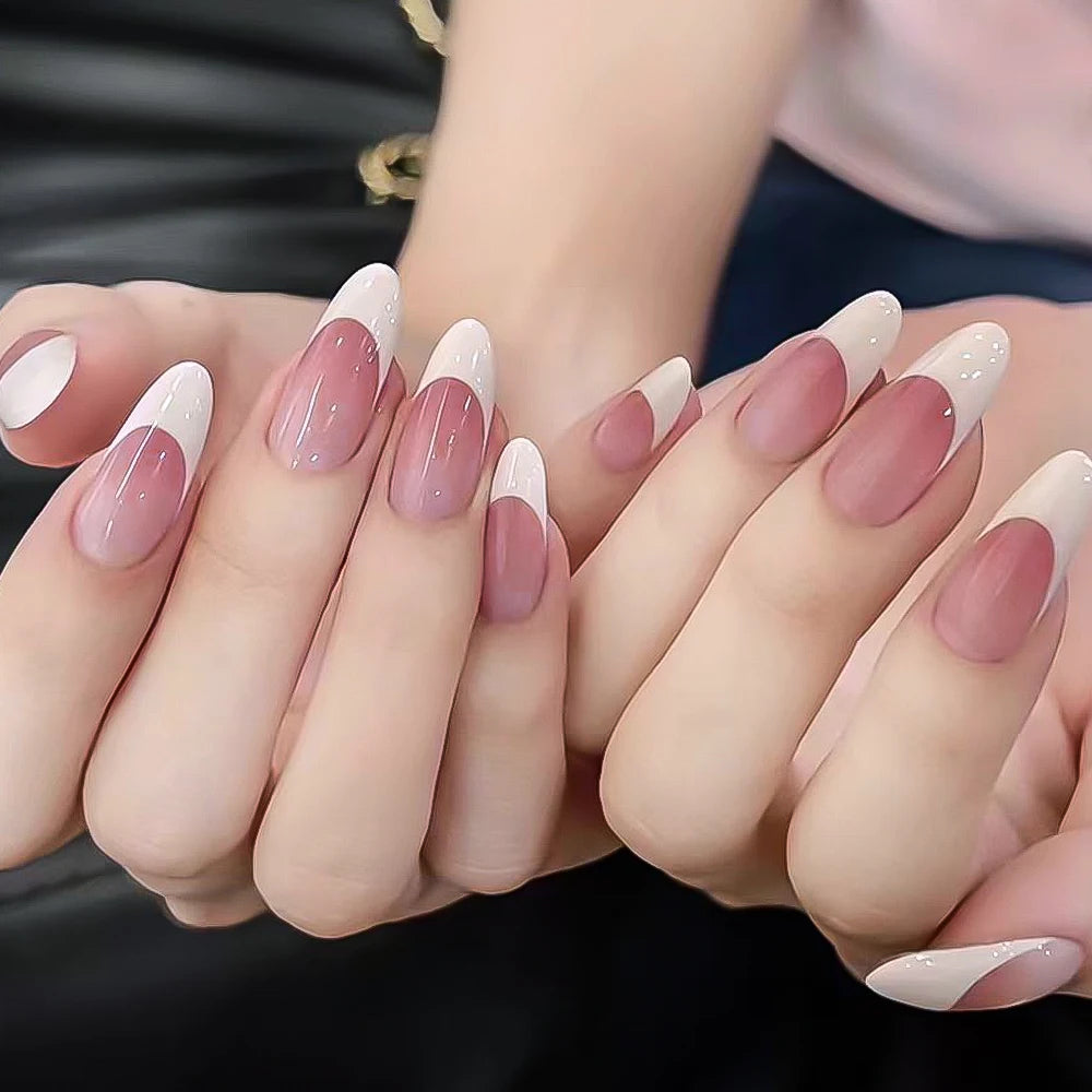 24pcs(+Tools) Pearl Bow Nude Pink Press On Nails White French Fingertips Almond Full Cover Fasle Nails New Year Nail Accessories.