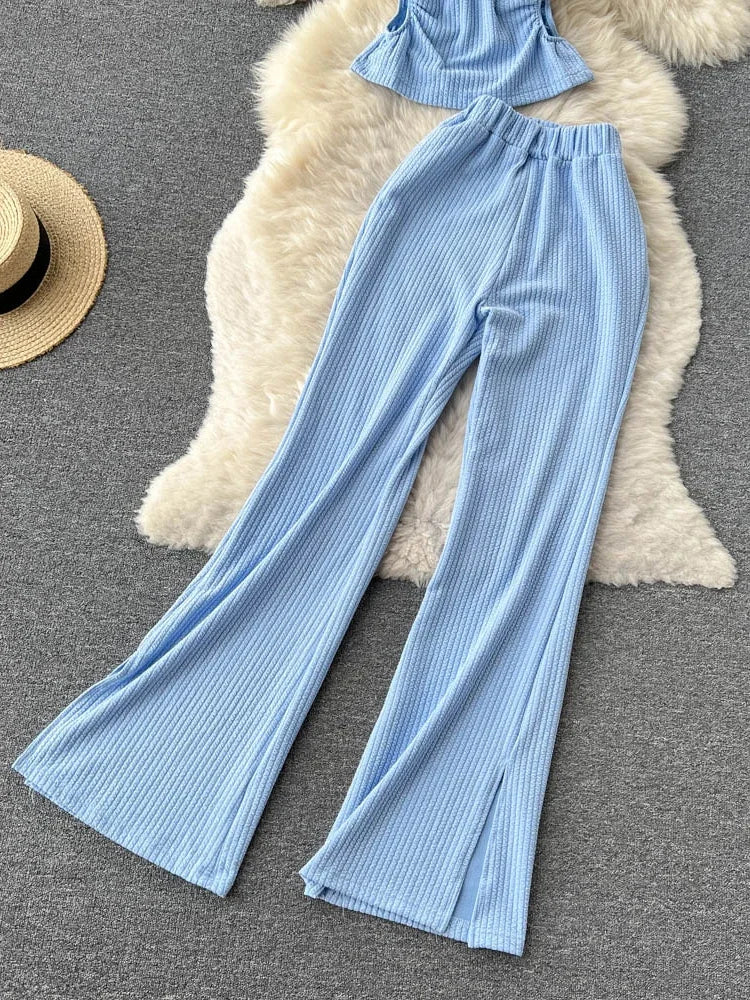 Korean Suits Women's Two Piece Set Summer Slim Fit Sleeveless O-neck Tops High Waist Slits Trousers Two-piece Suit Female D1109.