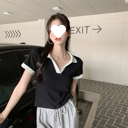 Plus Size Slimming Effect plus Size Women's Polo Neck T-shirt 200 Pounds Large Code College Style Top for plus Size Women.