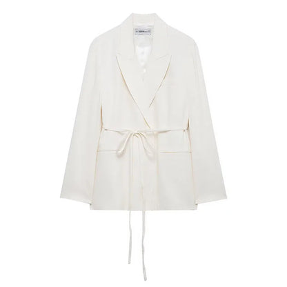 HH Women's Suits White Turn-Down Collar Long Sleeves Lace-Up Blazers+High Waist Zipper Long Pants Female Spring Fashion Sets