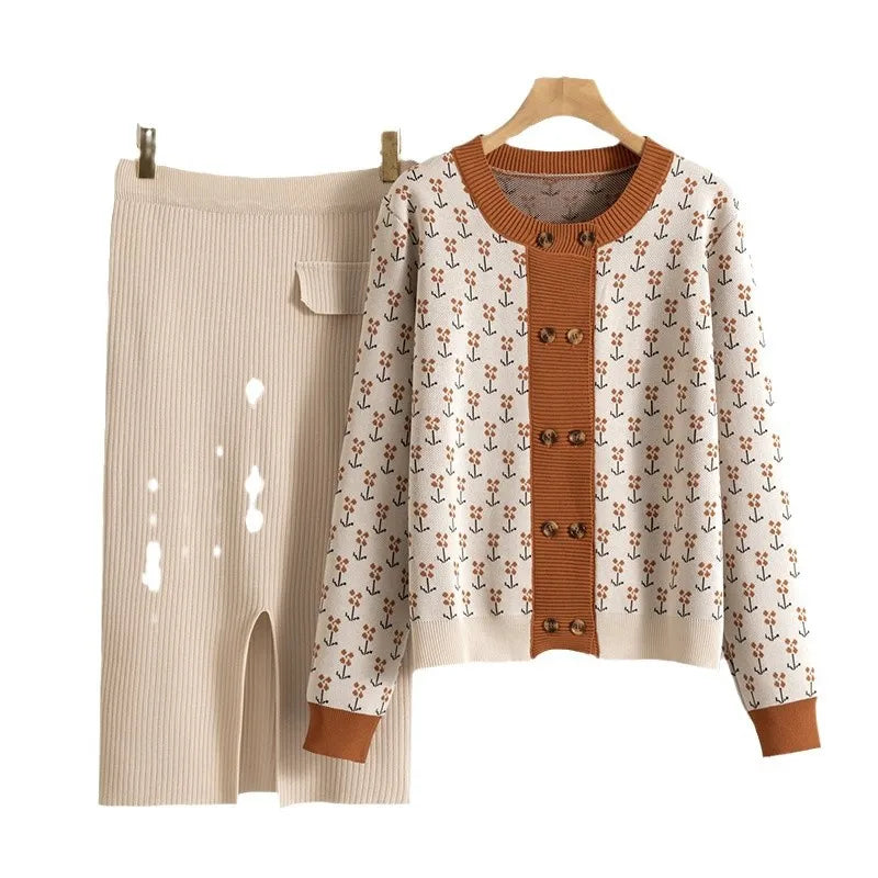 Women Sweater Muslim Knitting Suit Two Piece Sets Pullover Print Knitted Long Skirt Outfits Casual Knitwear Ensemble Autumn 2025.