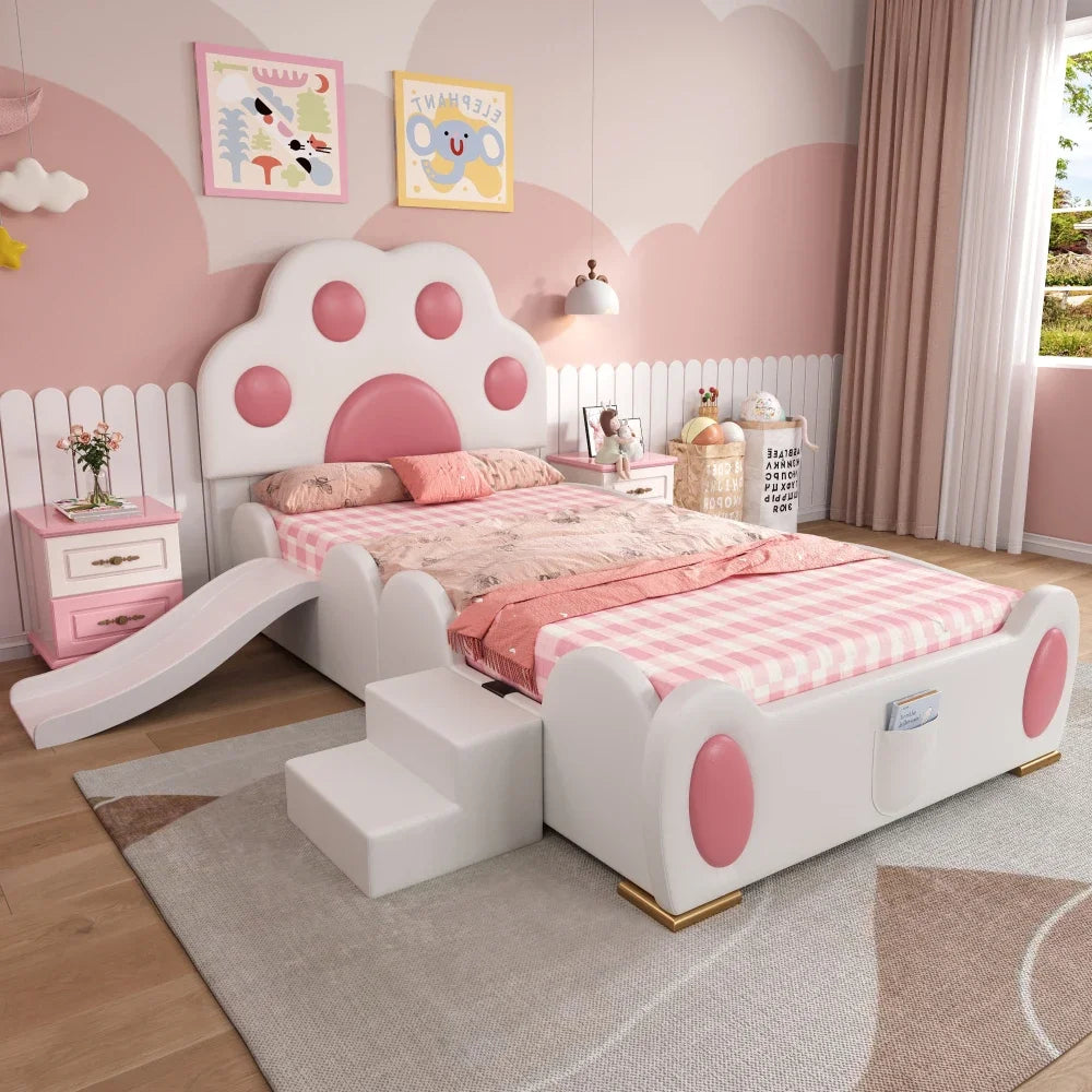 Cartoon süßes rosa Prinzessinnenbett, gepolstertes Bett, 90 x 200 cm, mit Kinderrutsche und zweistufiger Leiter, für Mädchenschlafzimmer