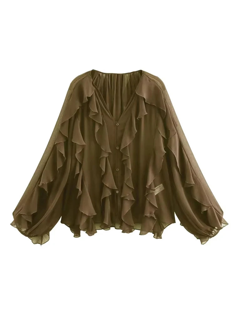 Women Fashion With Ruffles Semi-sheer Blouses V Neck Long Sleeve Button-up Female Shirts Chic Tops.
