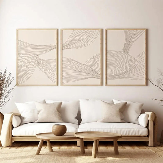 3 Pcs/Set Modern Abstract Wall Arts Beige Bohemian Canvas Mid-Century Piece Posters Geometric Line Printed Painting, No Frame.