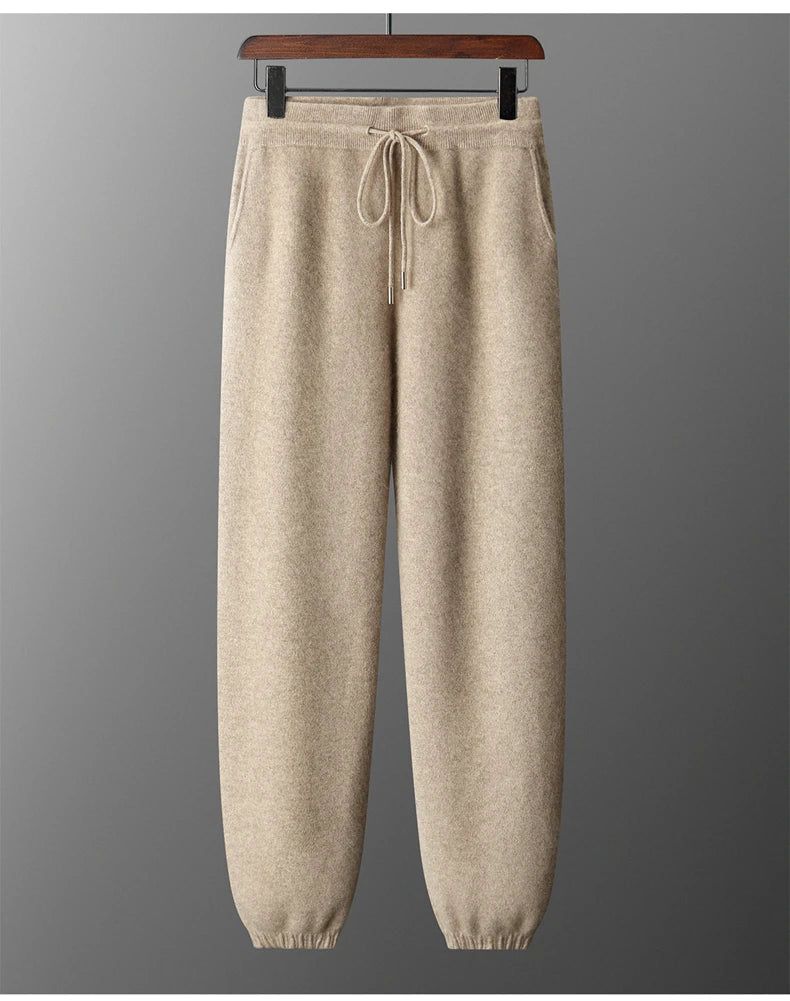 Autumn Winter New Thickened 100% Pure Cashmere Pants for Men High Waist Knitted Jogger Pants Solid Color Versatile Harem Pants.