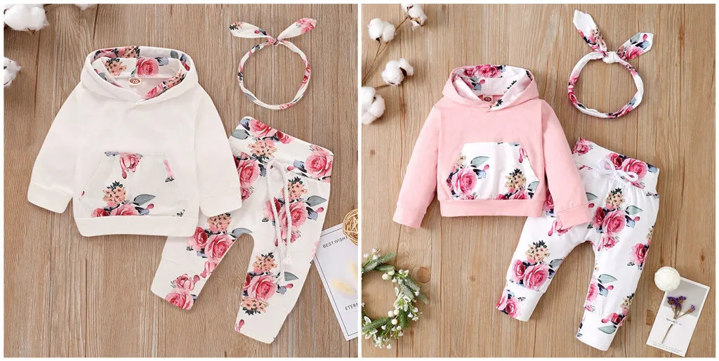 0-18 Months Toddler Baby Girl 3PCS Hooded Clothes Set Flowers Print Long Sleeve Top+Pant+Bowknot Headband Fashion Autumn Outfit
