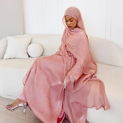 2025 New Abaya Set Shinny Dubai Abaya Cardigan Inner Dress Hijab 3pcs Set Islamic Clothing Women Abaya Muslim Dress.