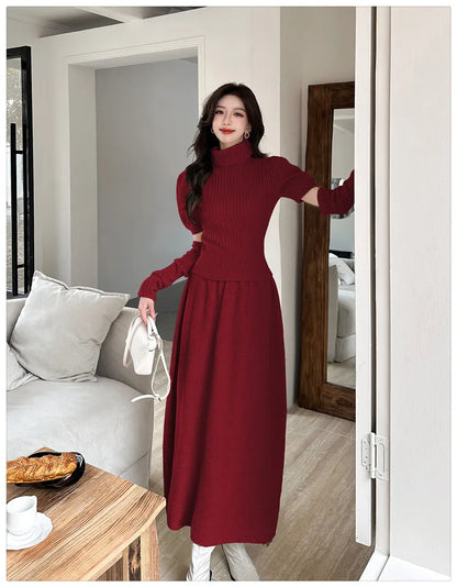 VigoAnne Spring Autumn 2025 Turtleneck Knit Woman 2 Piece Set Casual Solid High Waist Skirts Suits Korean Lady Long Dress Suit