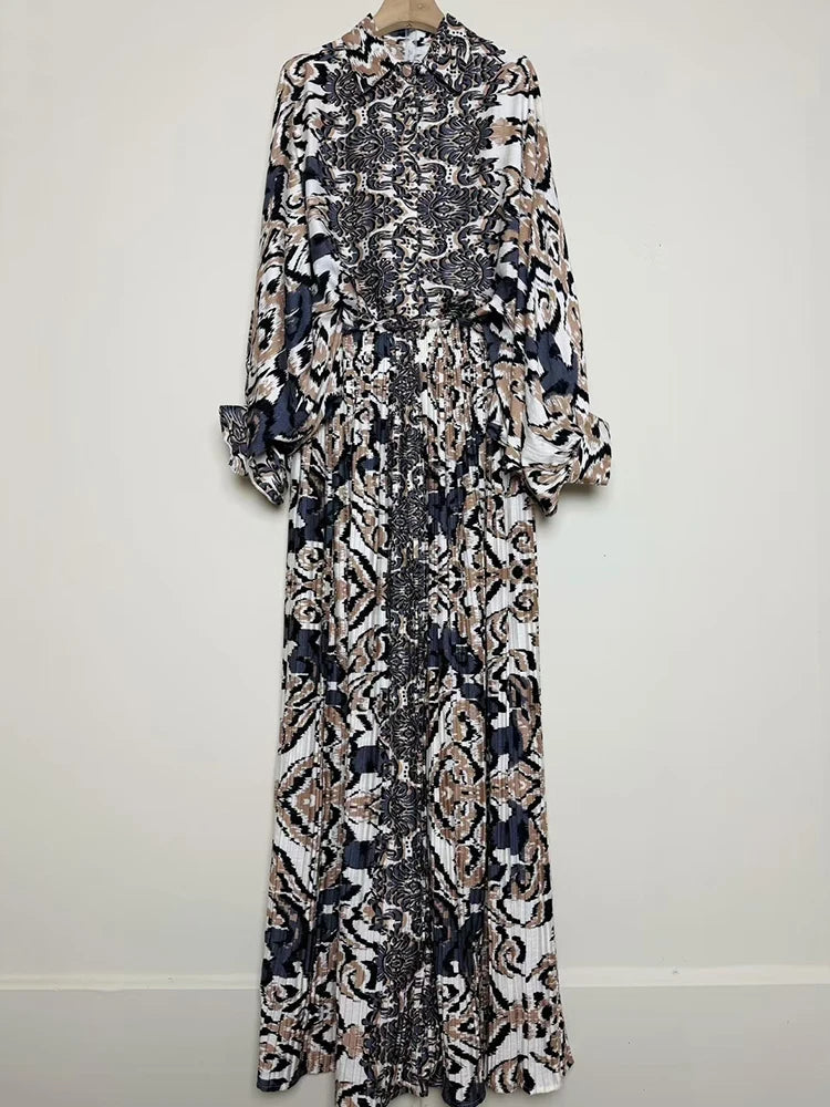 Designer's retro geometric print loose shirt two-piece set for Spring 2025 women's wear + pleated wide-leg pants fashion set.