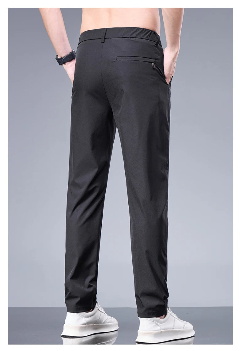 Summer New Business Ice Silk Pants Straight Elastic Waist Black Gray Trousers Breathable Simple Male Clothing Casual Suit Pants.