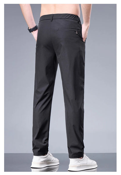 Summer New Business Ice Silk Pants Straight Elastic Waist Black Gray Trousers Breathable Simple Male Clothing Casual Suit Pants.