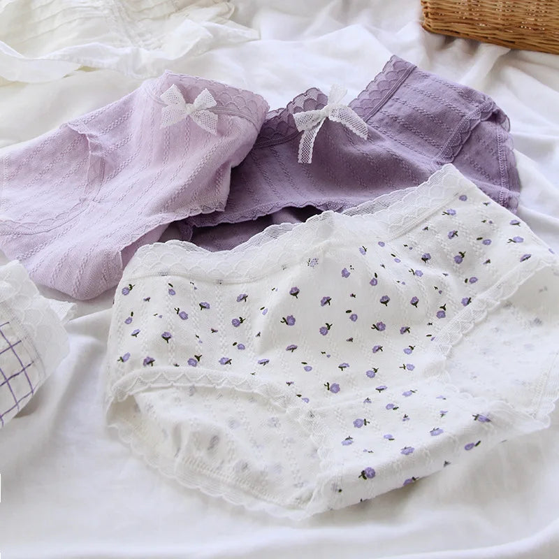 5Pcs/Set Pure Cotton Women's Panties Mid Waist Underpants Elastic Underwear Girls Floral Japanese Sexy Lace Comfort Lingerie.