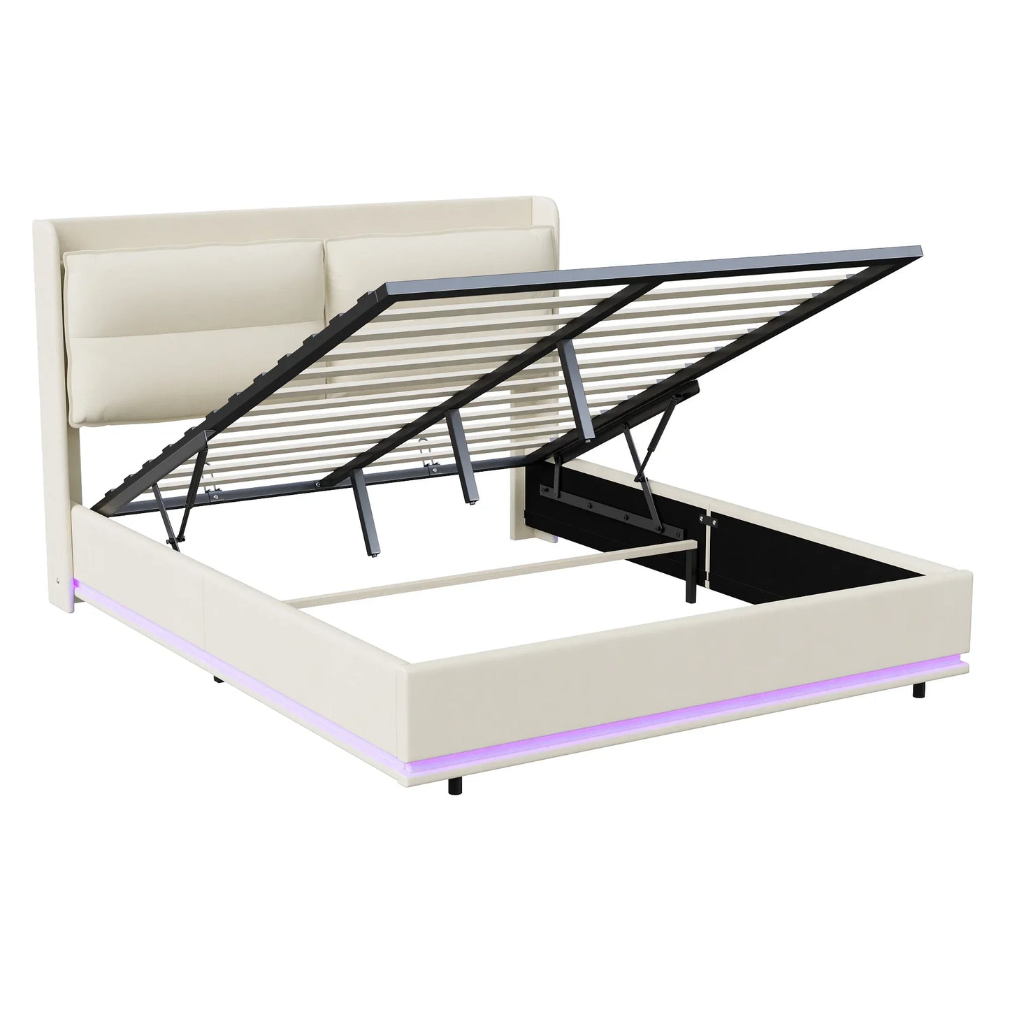 Lazyspace gepolstertes Doppelbett mit LED-Licht, Bettgestell 160 x 200 cm, Druckbett mit Lattenrost aus Holz, ohne Matratze