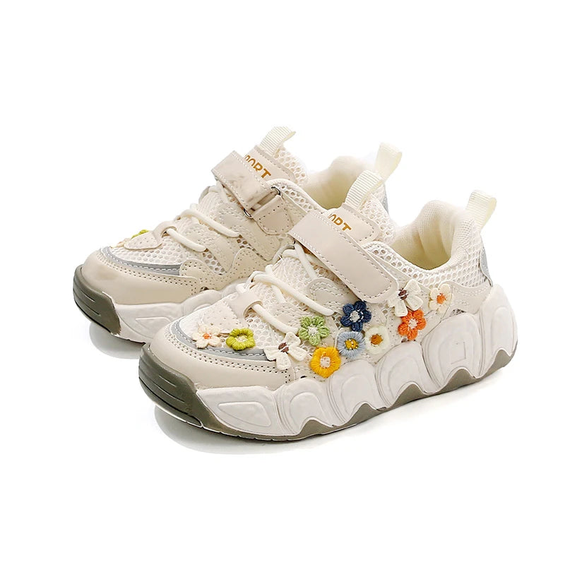 Girls Flowers Sports Shoes Children Princess Embroidered Running Shoes Air Mesh Girls Casual Sneakers Summer 2025 New.