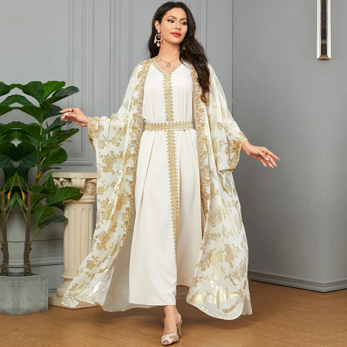 Eid Muslim Party Dress for Women Abaya with Inner Dress 2 Piece Set Jalabiya Ramadan Abayas Robe Caftan Vestidos Largos 2024.