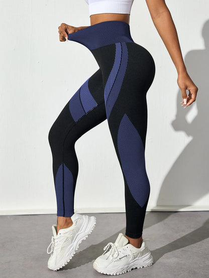 Seamless Breathable High Waisted Contrasting Yoga Pants Women Tight Fitting Hip Lifting Black Long Striped Sports Yoga Leggings