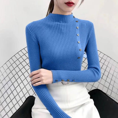 2023 frauen Herbst Gestrickte Dünne Pullover Solide Strickte Weibliche Baumwolle Weiche Elastische Farbe Pullover Taste Volle Hülse Rollkragen