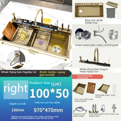 Golden Stainless Steel Waterfall Kitchen Sink Gold Embossed Extra Large Single Slot Digital Display Dishwashing Basin 100x50cm