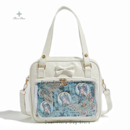 Y2K Cute Bow Ita Bag Girl Transparent Messenger Bag Women Fashion Shoulder Crossbody Bag Ladys DIY Badge Tote Bag Lolita Handbag