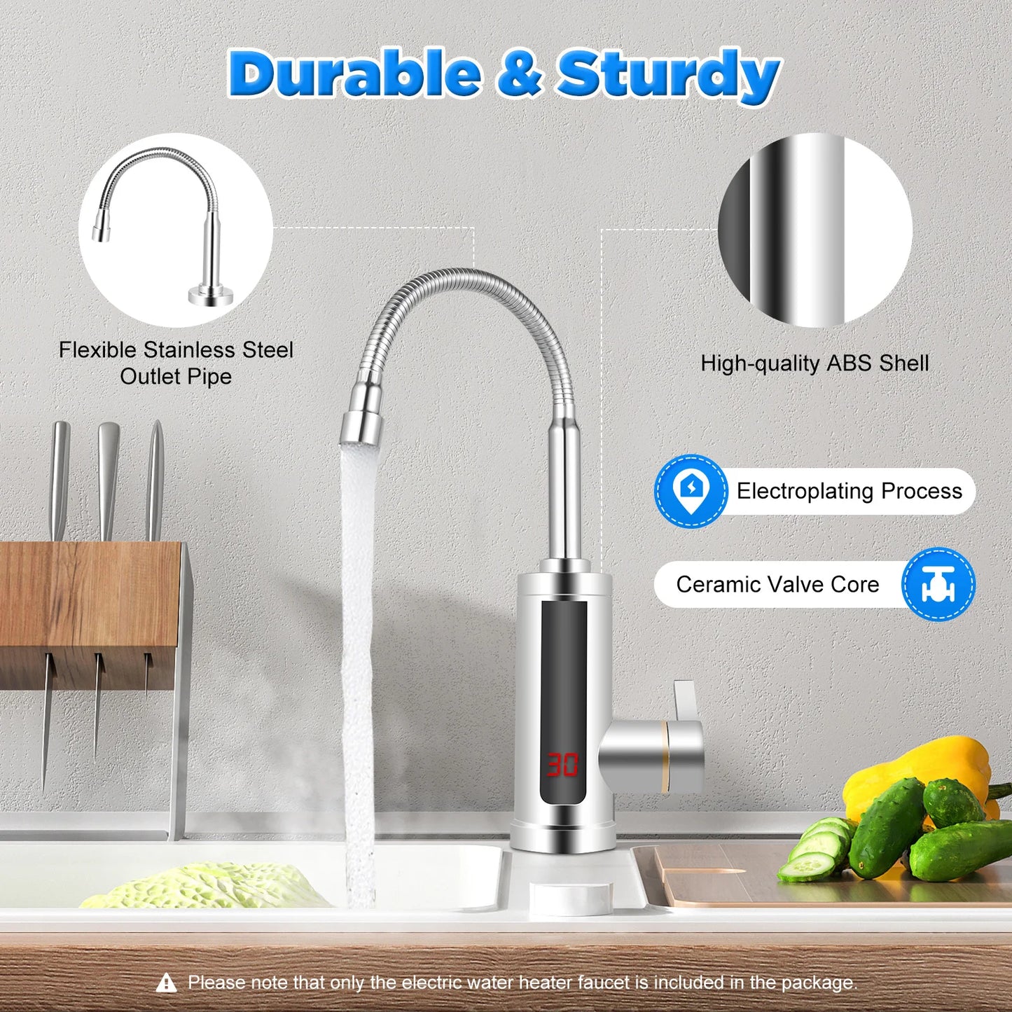 Kitchen Faucet with 360° Rotating Outlet, Hot & Cold Water Adjustment, Stainless Steel Pipe & LED Temperature Display