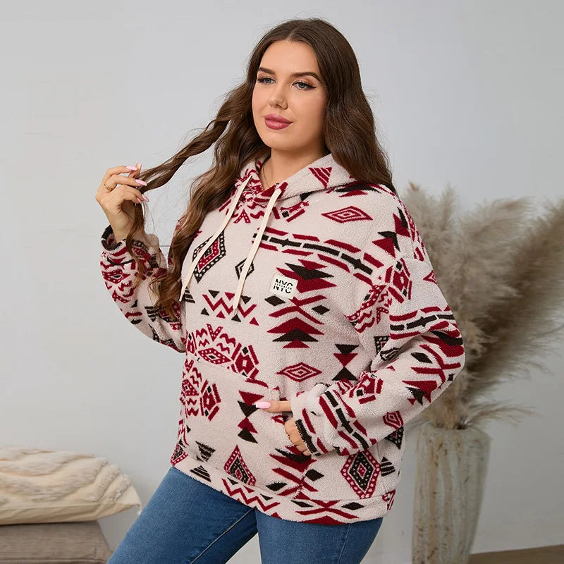 Kapuzenpullover für Damen, große Größe, Reißverschluss-Sweatshirts, ethnischer Druck, flauschiger Streetwear-Pullover, Herbst-Winter-Rollkragenpullover.