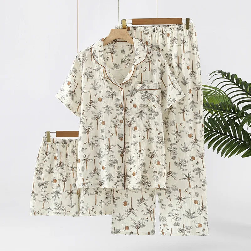 Pajamas pure cotton three-piece set spring and summer thin crepe autumn gauze lapel short-sleeved trousers shorts loungewear set