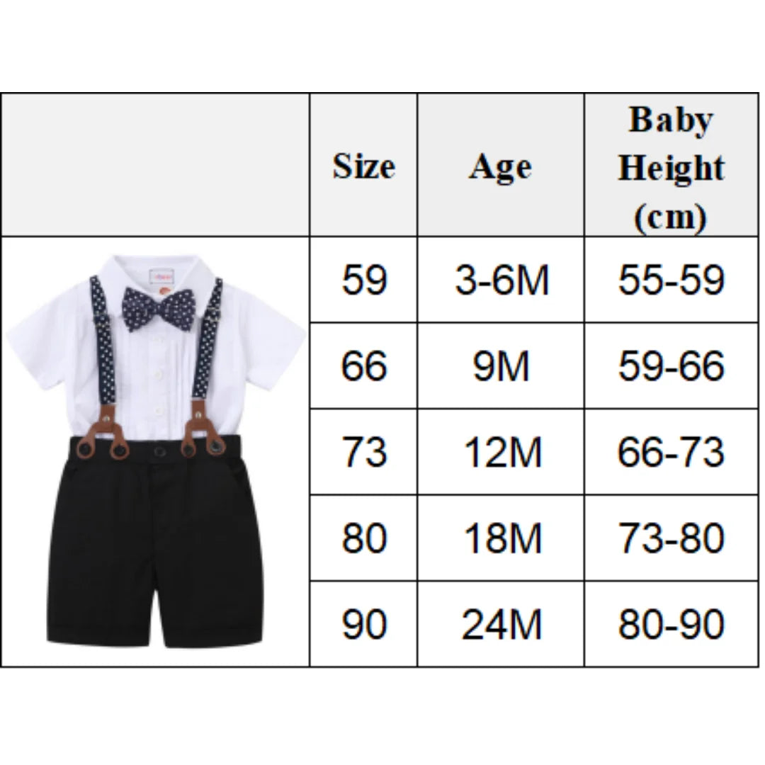 Black & White Classic Baby Boy Clothes Strap Set for Infant 1st Birthday Party Summer Short Sleeve Romper with Solid Shorts Suit.