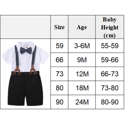 Black & White Classic Baby Boy Clothes Strap Set for Infant 1st Birthday Party Summer Short Sleeve Romper with Solid Shorts Suit.