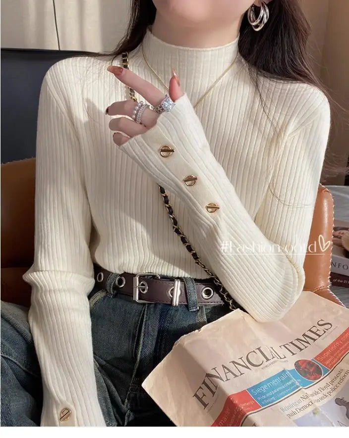 2025, weibliche Casual Tops Pullover Frauen Herbst Winter Gestrickte Dünne Pullover Feste Taste Volle Hülse Halb Hohen Kragen Pullover.