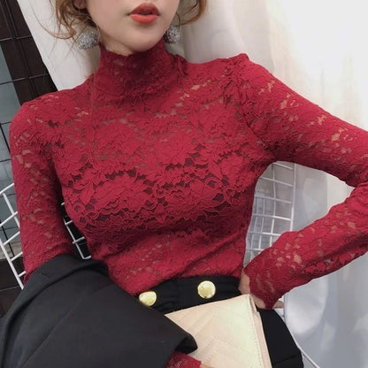 Stretch Floral Lace Petal Sleeve Shirt Women's Long Sleeved S-3XL T Shirt Ladies Perspective Blouse Tops Sexy Lace Tees Clothing.