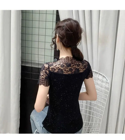 Summer Women Tops Patchwork Bright silk Mesh T shirt Pathcwork Short Sleeve Lace Shirt.
